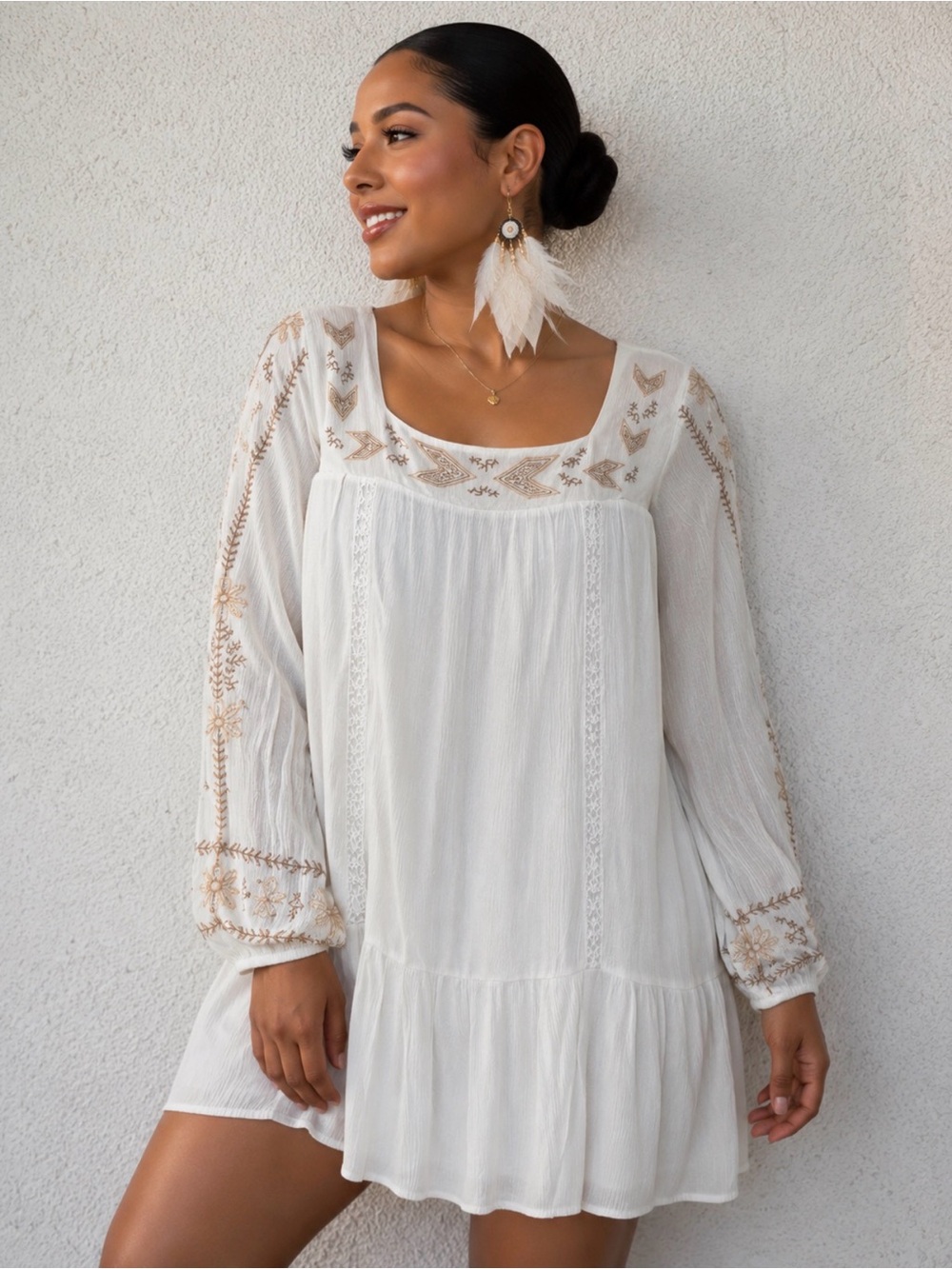 Xhilaration White Bohemian Mini Dress with Tan Embroidery